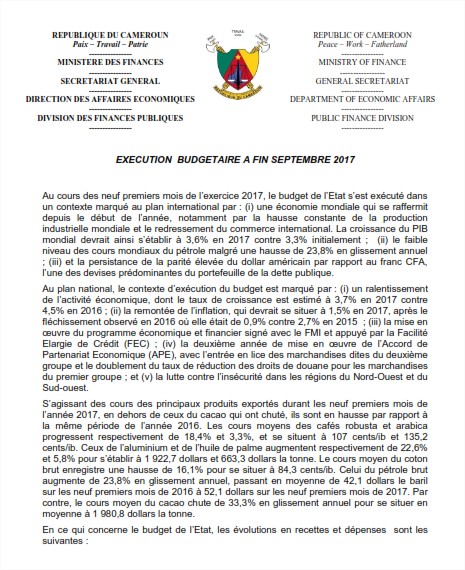 EXECUTION BUDGETAIRE SEPTEMBRE 2017