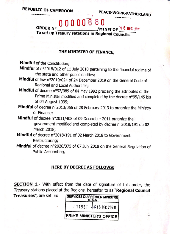 Order to set up treasury stations in Regional Councils.