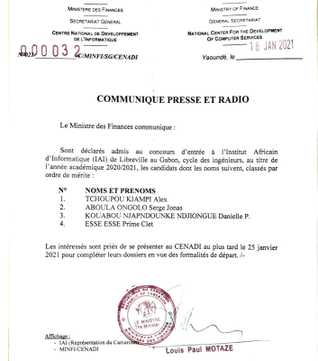 Communiqué radio presse admis au Cycle des Ingénieurs de l'IAI Gabon année académique 2020/2021