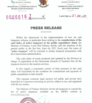 Press release relating to of the card index of active taxpayers in the public expenditure chain