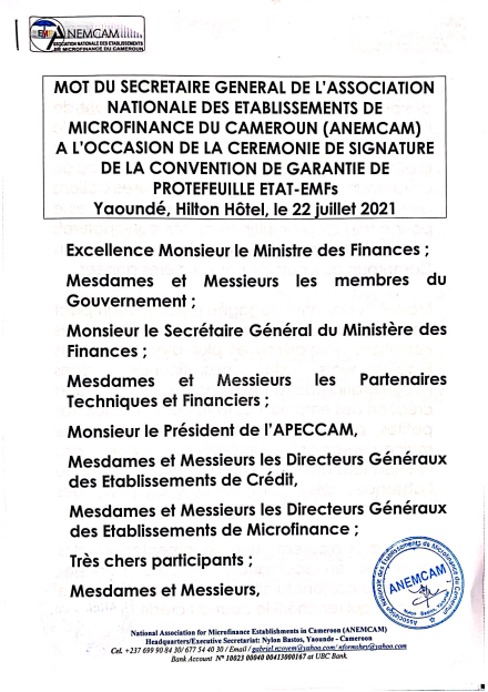 mot du Secrétaire Général de l'Association Nationale des Etablissements de Microfinance du Cameroun