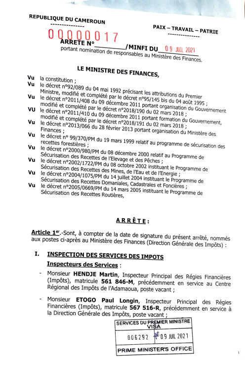 ARRETE N°00000017/MINFI DU 09 JUIL 2021 portant nomination de responsables au Ministère des Finances