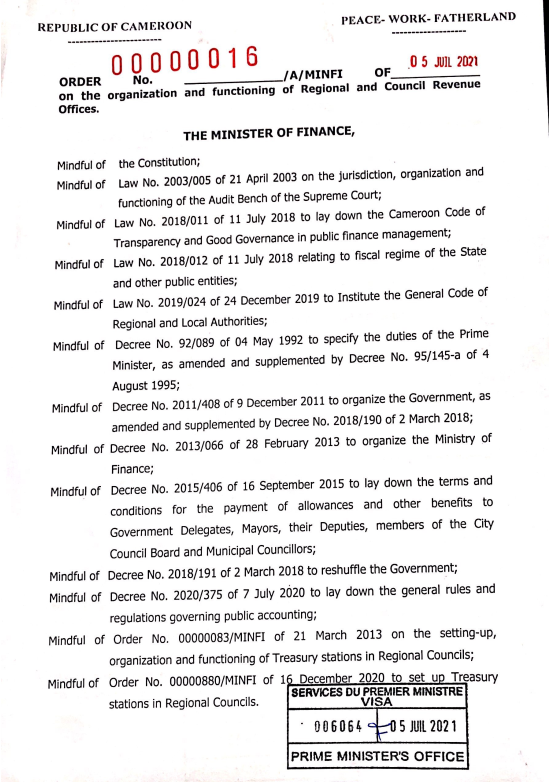 Order on the organization and functioning of Regional and Council Revenue Offices