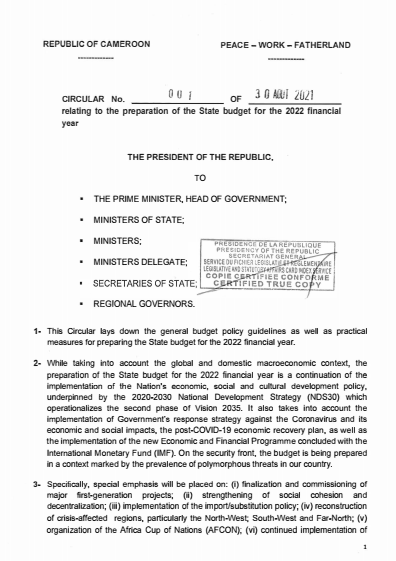 Circular No. 001 of 30 august 2021
relating to the preparation of the State budget for the 2022 financial year