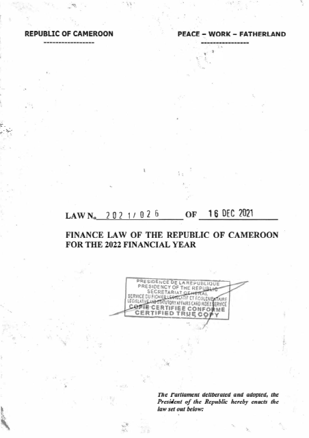 financial law of the Republic of Cameroon for the 2022 financial year 2022