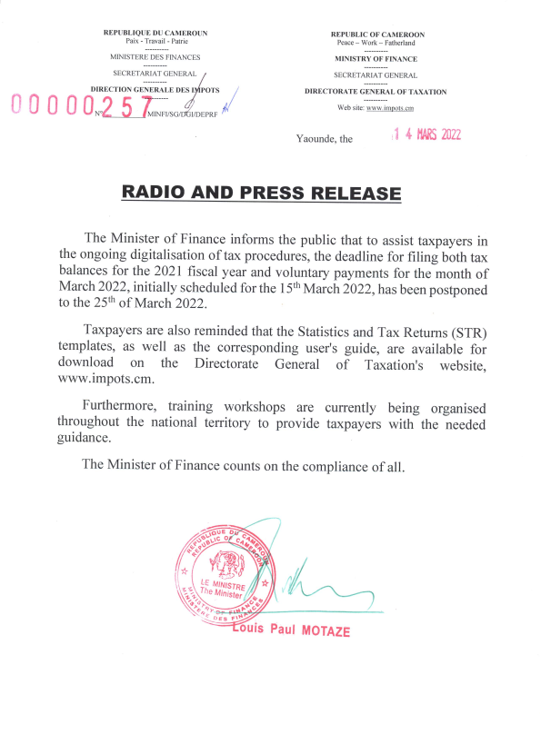 Press release on the support of taxpayers in the process of dematerialization of tax procedures