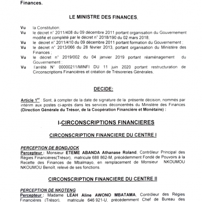 Décision n° 00000013 MINFI/DGTCFM du 13 mai 2022 portant nomination de responsables à titre intérimaire au Ministère des Finances.