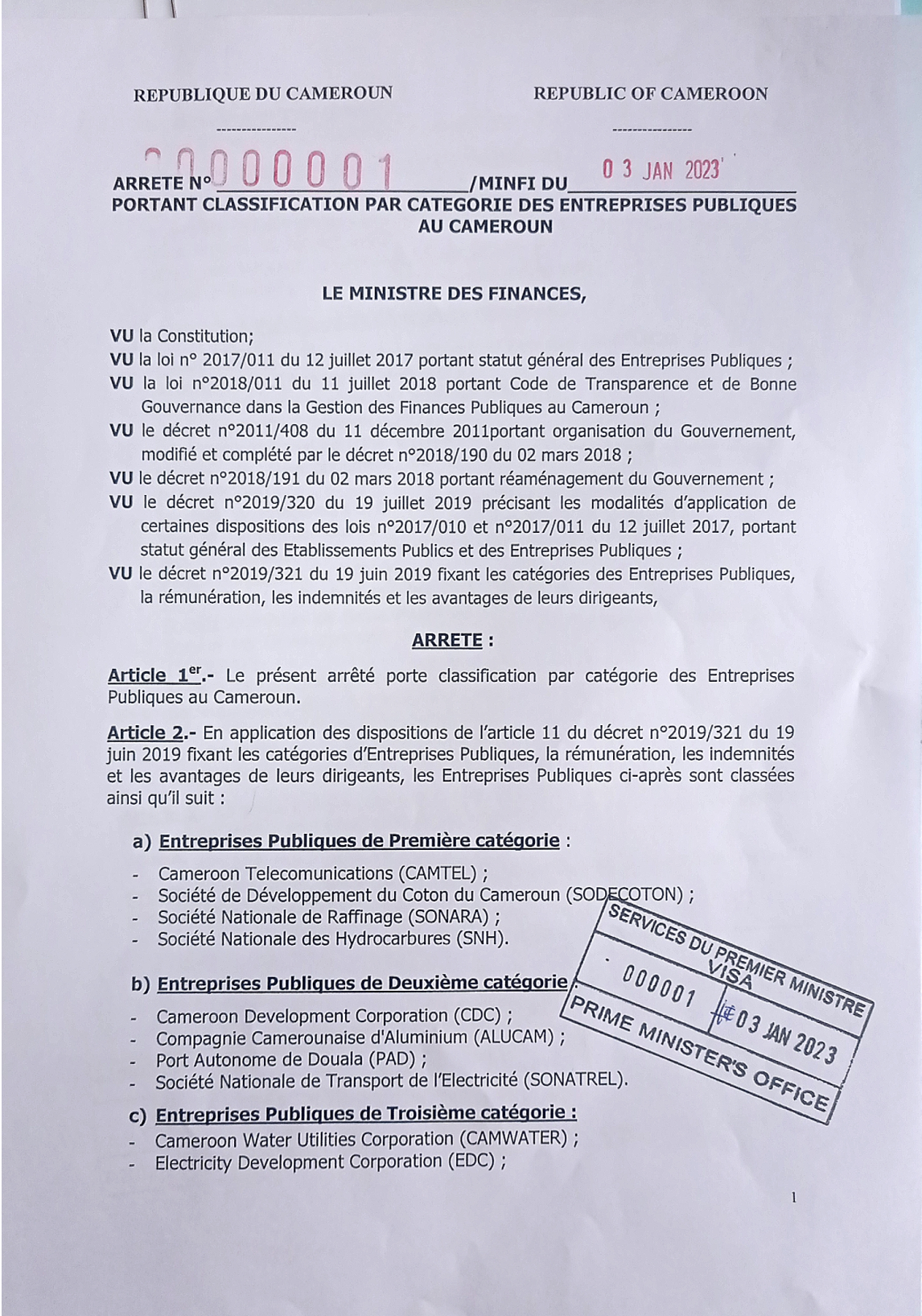 Classification des entreprises publiques au Cameroun