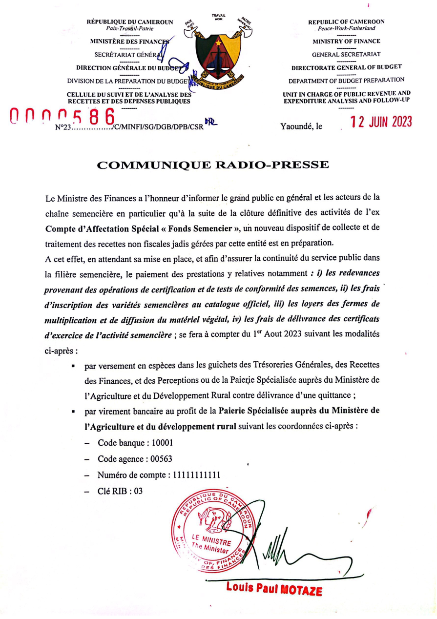 Communiqué de presse relatif à l'ex Compte d'Affectation Spécial