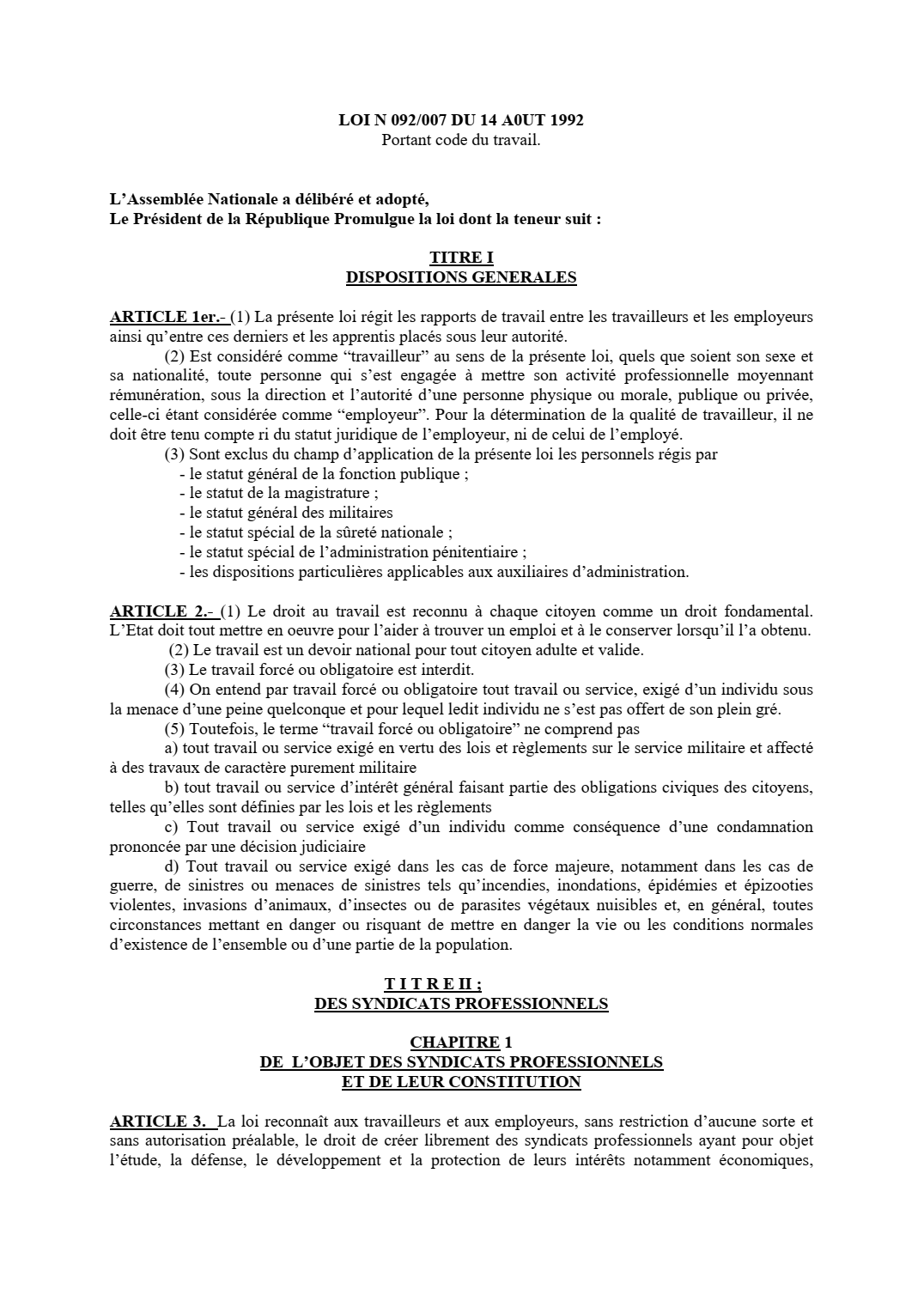 Loi N° 092/007 régissant les rapports de travail entre les travailleurs et les employeurs.