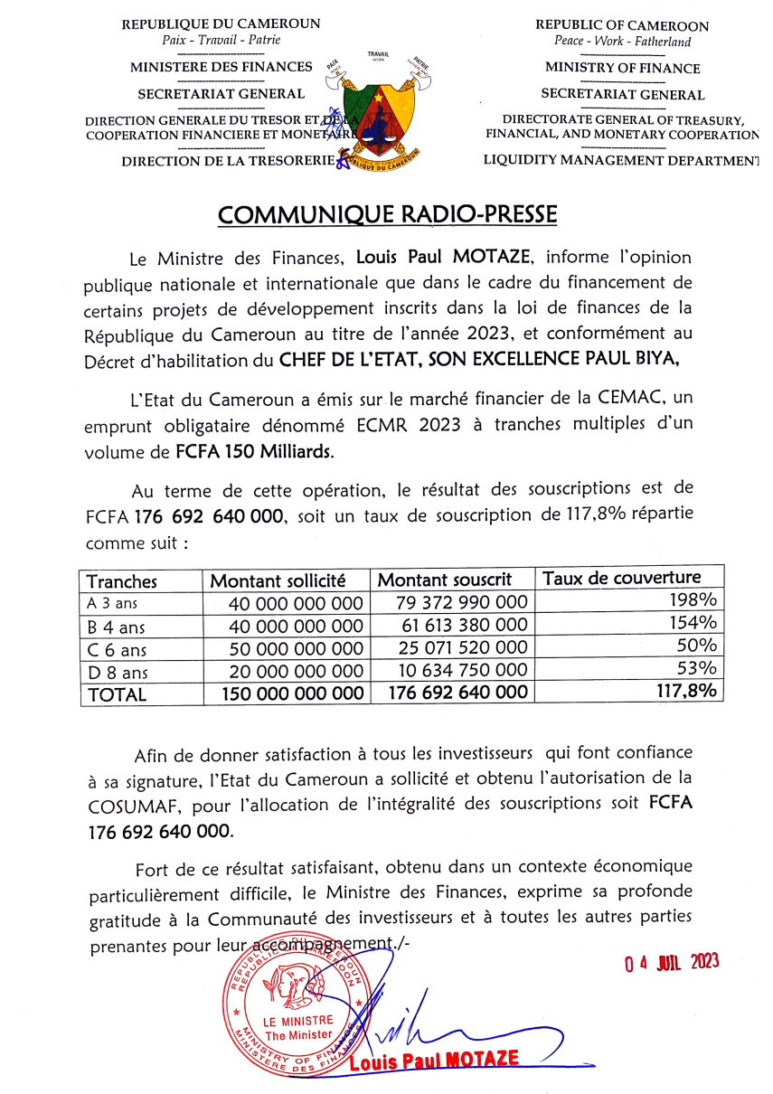 Communiqué radio-presse ECMR relatif à l'emprunt obligatoire par appel public à l'épargne de l'Etat du Cameroun en 2023.