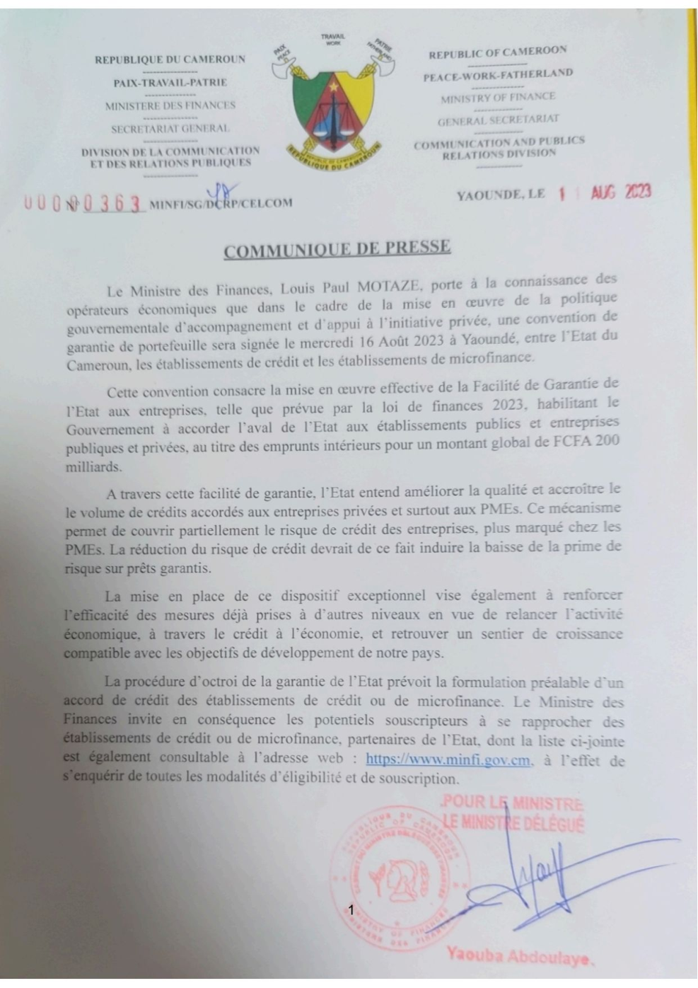 Communiqué de presse du 11 août 2023 relatif à la signature de Garantie de l'Etat camerounais