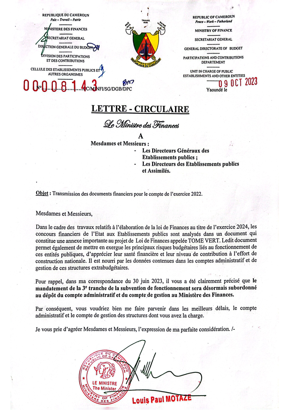 Lettre-Circulaire du 09 Octobre 2023