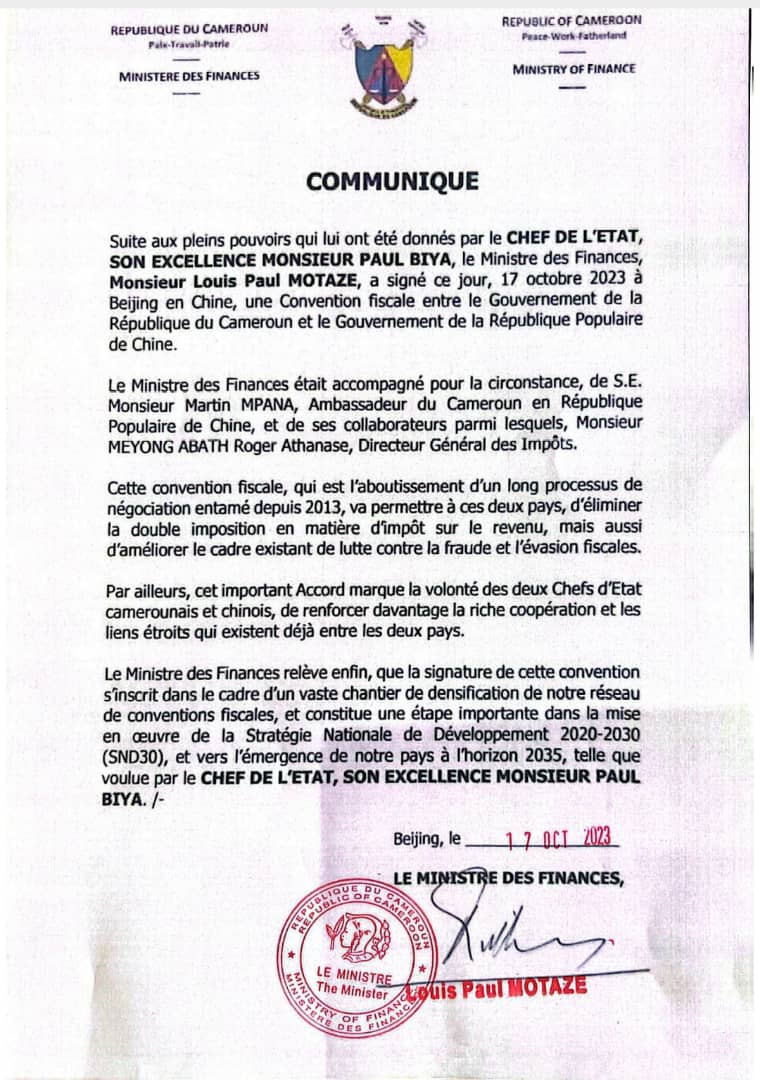 Communiqué de presse relatif à la convention fiscale entre le Cameroun et la Chine