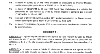 DECRET N°2020-7951 DU 30 DECEMBRE 2020 PORTANT HARMONISATION DE L’AGE DE DEPART A LA RETRAITE DES AGENTS DE L’ETAT