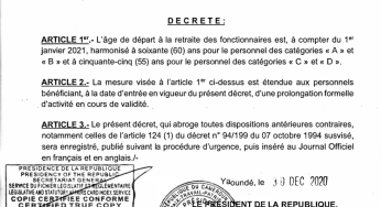 DECRET N°2020-802 DU 30 DECEMBRE 2020 PORTANT HARMONISATION DE L’AGE DE DEPART A LA RETRAITE DES FONCTIONNAIRES