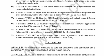 DECRET N°2023-158 DU 06 MARS 2023 PORTANT REVALORISATION DE LA REMUNERATION MENSUELLE DE BASE DES PERSONNELS CIVILS ET MILITAIRES A UN TAUX MOYEN DE 5,2%