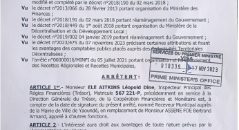 NOMINATION: ARRETE CONJOINT DU MINFI ET DU MINDEDDVEL
