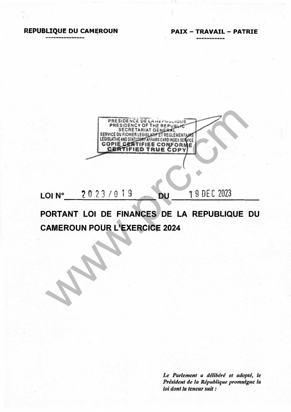 Loi N°2023/019 du 19 décembre 2023 portant loi de finances de la République du Cameroun pour l'exercice 2024