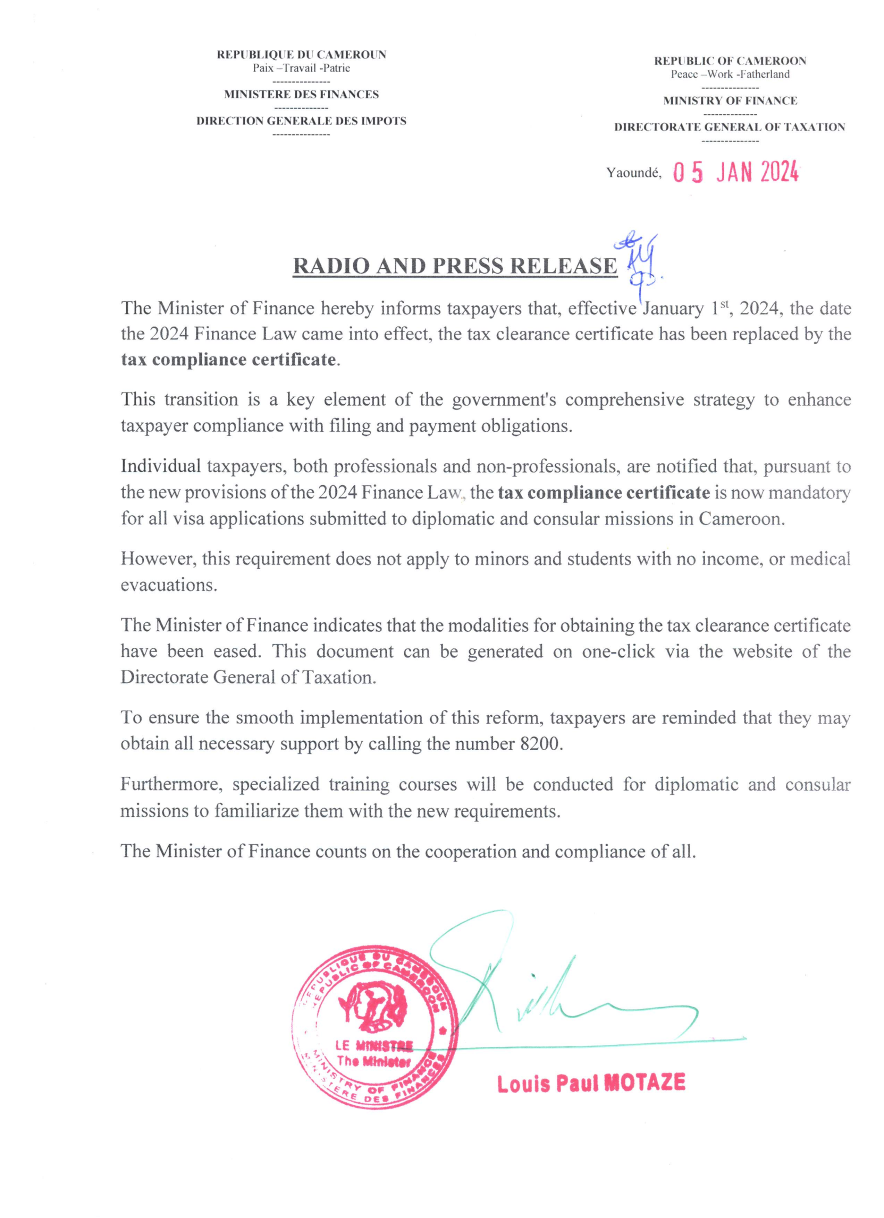 Press release related to the tax compliance certificate