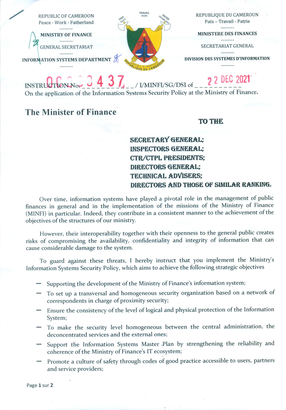 Instruction N° 00000437/I/MINFI/SG/DSI of 22th dcember 2021 on the application of the Information Systems Security Policy at the Minister of Finance in pdf format