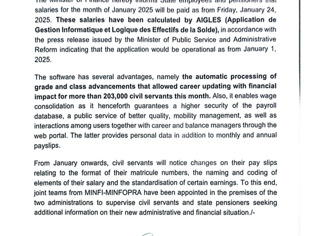 Press release from the Minister of Finance on salaries for the month of January 2025.