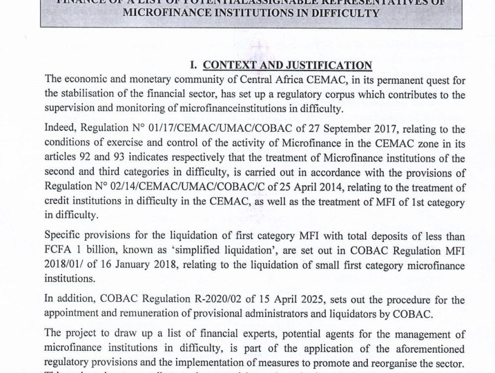 Text calling for applications of April 17th, 2025 relating to the selection of financial experts for the creation and maintenance at the Ministry of Finance of a list of potential agents assignable to microfinance establishments in difficulty.