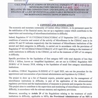 Text calling for applications of April 17th, 2025 relating to the selection of financial experts for the creation and maintenance at the Ministry of Finance of a list of potential agents assignable to microfinance establishments in difficulty.