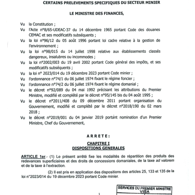 ARRÊTÉ DU MINISTRE DES FINANCES, FIXANT LES MODALITÉS D’AFFECTATION ET DE RÉPARTITION DE CERTAINS PRÉLÈVEMENTS SPÉCIFIQUES DU SECTEUR MINIER