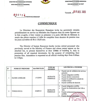 Communiqué du 09 décembre 2025 à l'attention des personnels retraités précédemment en service au Ministère des Finances