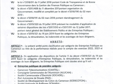 ARRETE 2026 CLASSIFICATION DES ENTREPRISES PUBLIQUES