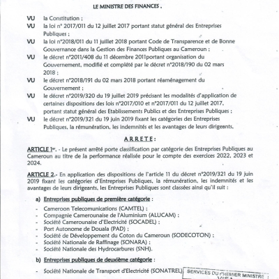 ARRETE 2026 CLASSIFICATION DES ENTREPRISES PUBLIQUES