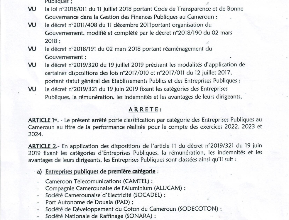 ARRETE 2026 CLASSIFICATION DES ENTREPRISES PUBLIQUES