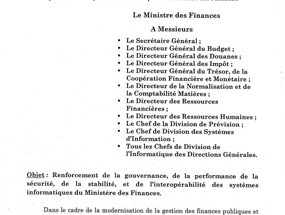Gouvernance et Sécurité SI : Lettre-Circulaire du Ministre des Finances (MINFI) du 19 août 2026