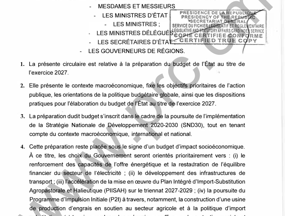 CIRCULAIRE PRESIDENTIELLE N° 001 DU 12 OCTOBRE 2026 RELATIVE A LA PREPARATION DU BUDGET DE L’ÉTAT POUR L’EXERCICE 2027